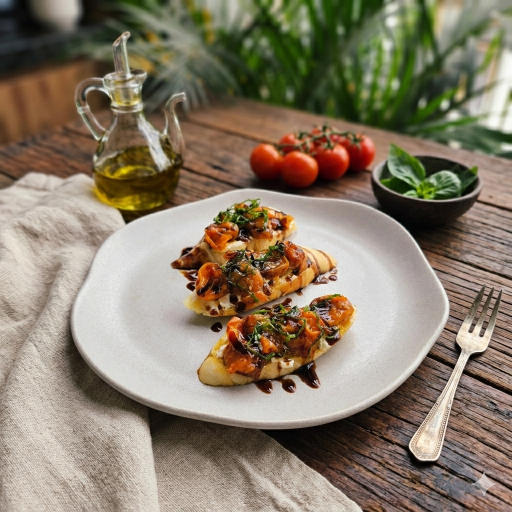 Tostadas con queso cremoso y cherry confitado